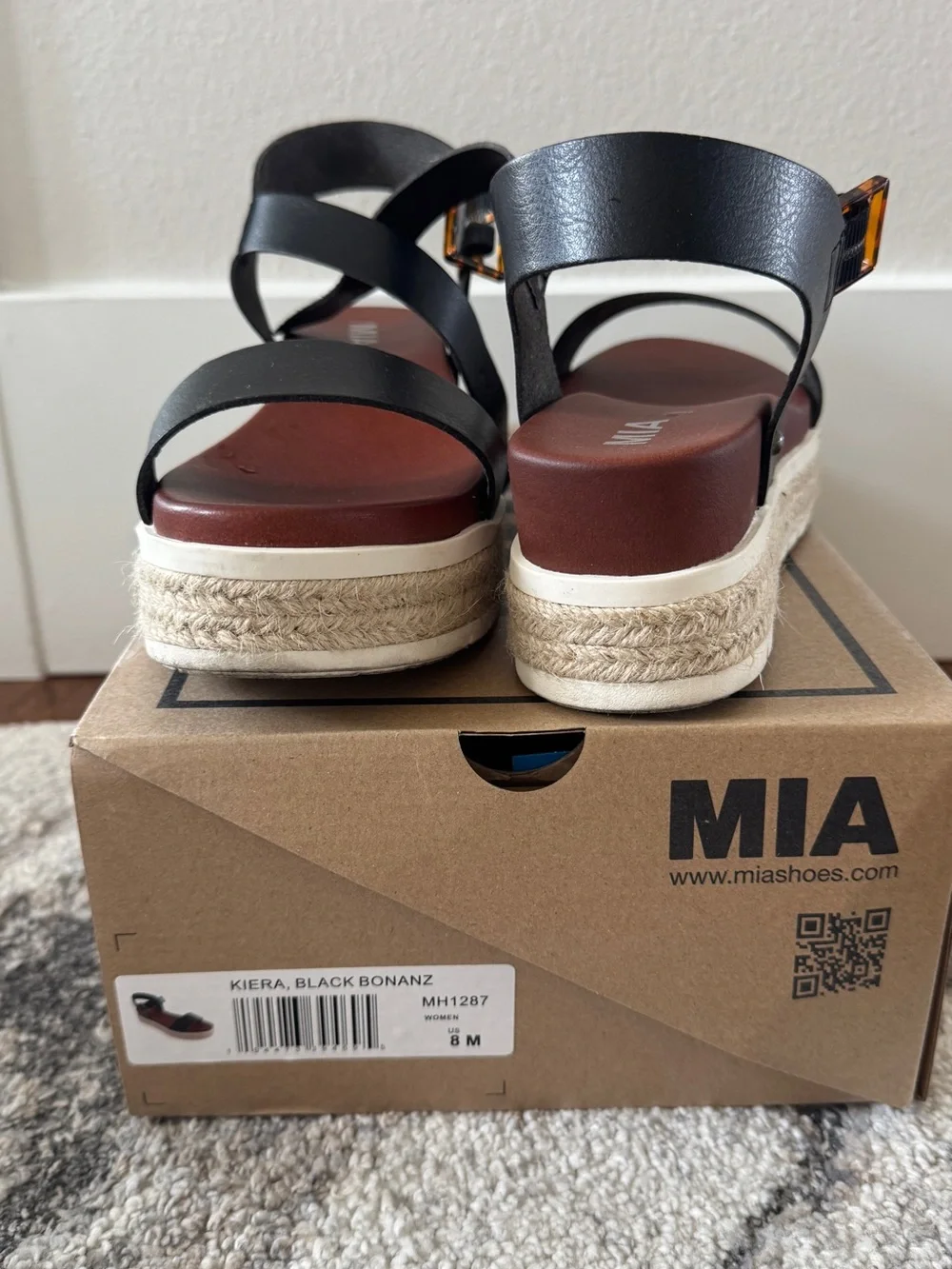 MIA Black Leather Platform Espadrille Sandal with Brown Footbed